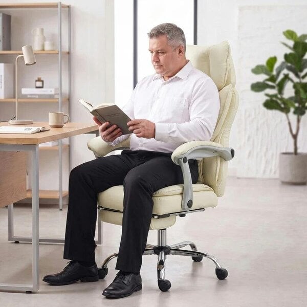 Executive Office Chair, PU Big and Tall Office Chair 180 kg with Wide Seat, Reclining, Lumbar Support, Beige