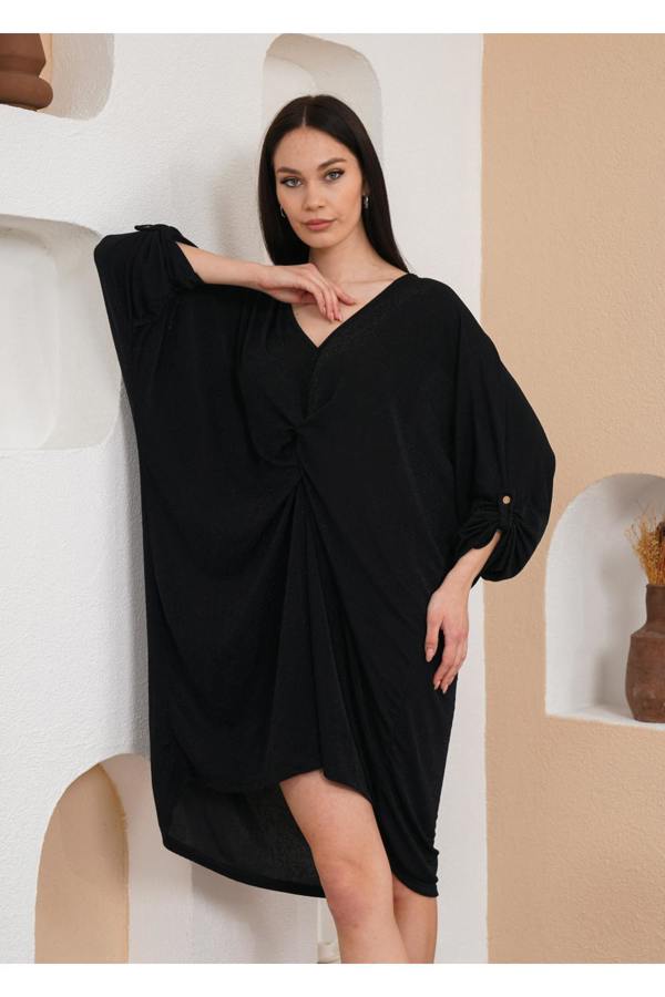 Hoxton Gal Oversized Twist Front Detailed Button Sleeve Mini Dress in Black Glitter