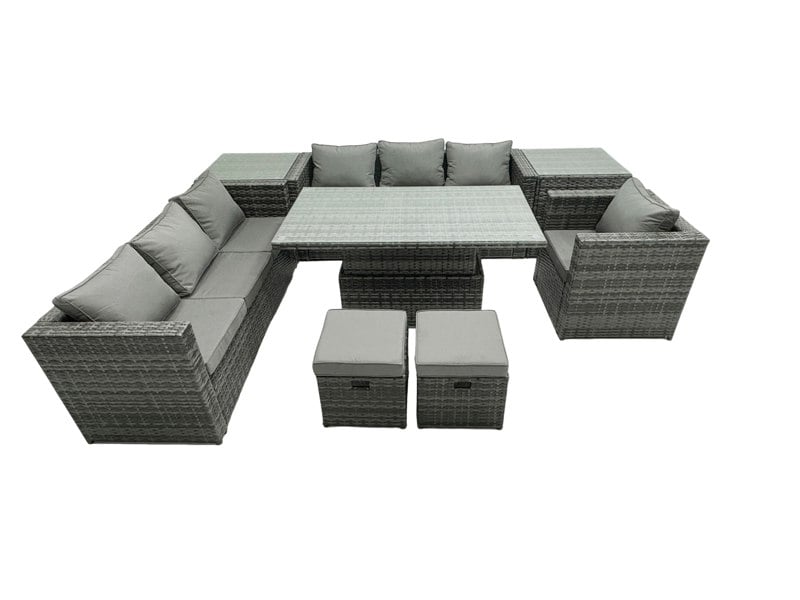 Fimous Rattan Dining Table Sofa Set with Armchair 2 Small Stools Outdoor 9 Seat Garden Furniture Set Dark Grey Mixed