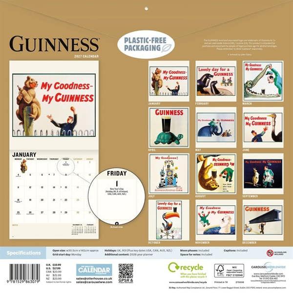 Guinness Poster Art Calendar 2027, Wall Calendars, Month To View, Lifestyle, Gift