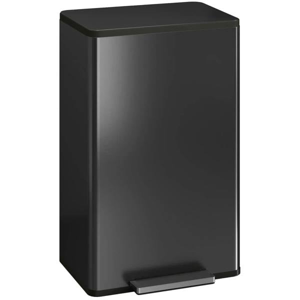 Black rectangular pedal trash can with dark lid and front foot pedal