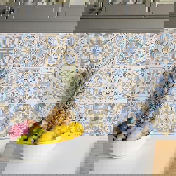 WT1544 - Light Sapphire and Parchment colour Traditional Spanish Tiles Wall Stickers - 15 cm x 15 cm - 24 pcs