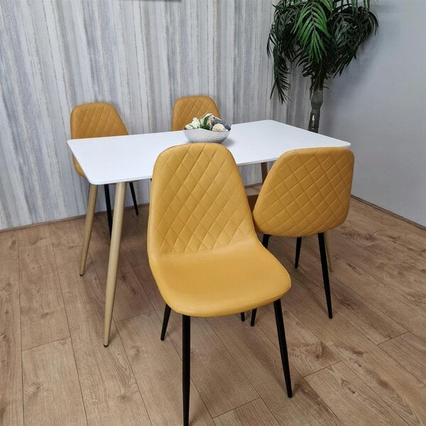 Kosy Koala Wooden Dining Table with 4 Mustard Gem Patterned Chairs White Table with Mustard Chairs