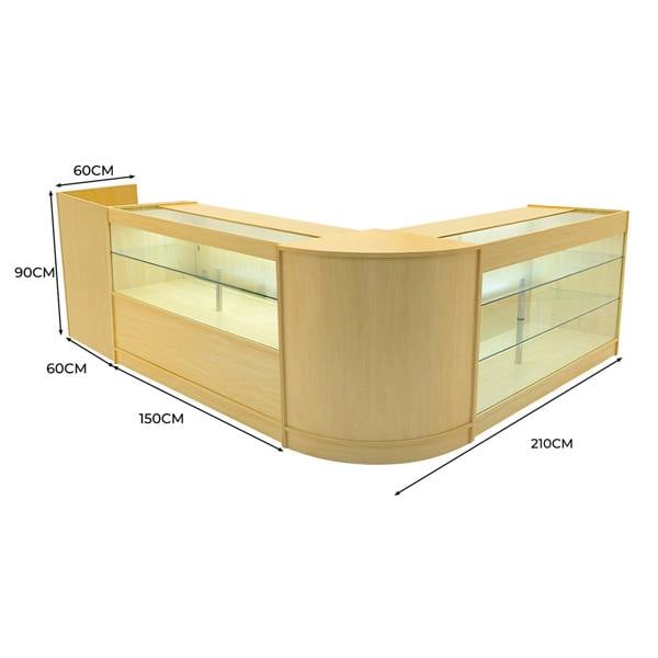 Vega LED Shop Counter Set in maple finish, featuring curved glass display sections, sleek design, and integrated lighting for visibility