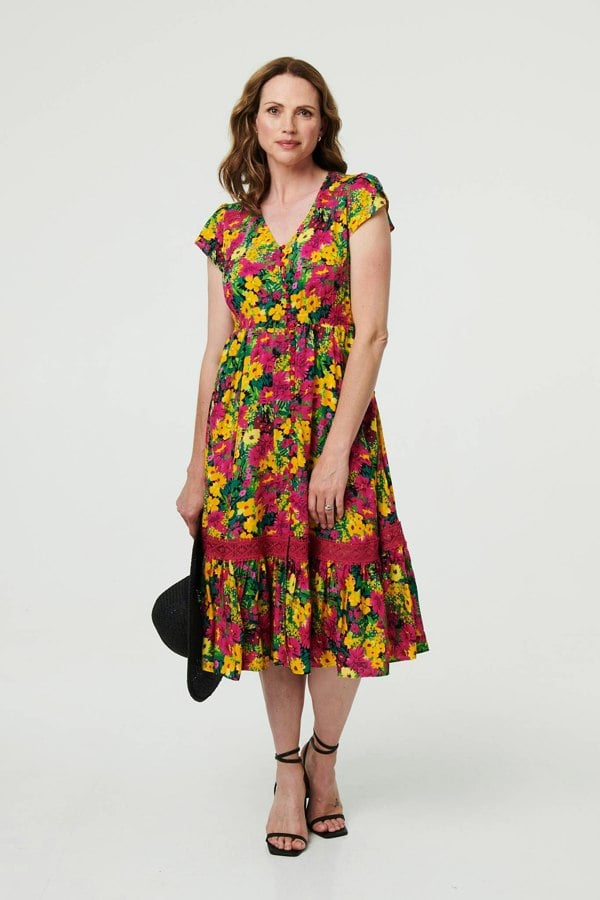 Green | Floral Lace Trim Cap Sleeve Midi Dress
