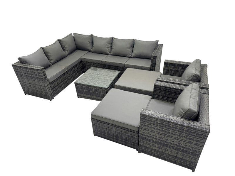 Fimous Rattan Garden Furniture Patio Furniture Sets with Corner Sofa Coffee Table 2 Big Stool Dark Grey Mixed