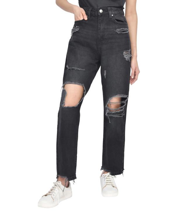 Smart Living Women's Casual Style High-Waist Torn Hem Rip Mom Jeans - Black