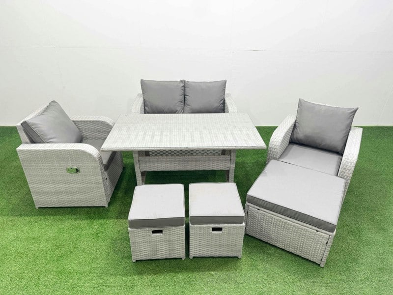 Fimous Light Grey PE Wicker Rattan Garden Furniture Set Sofa Set Reclining Chair Rectangular Dining Table 7 Seater 3  Stools