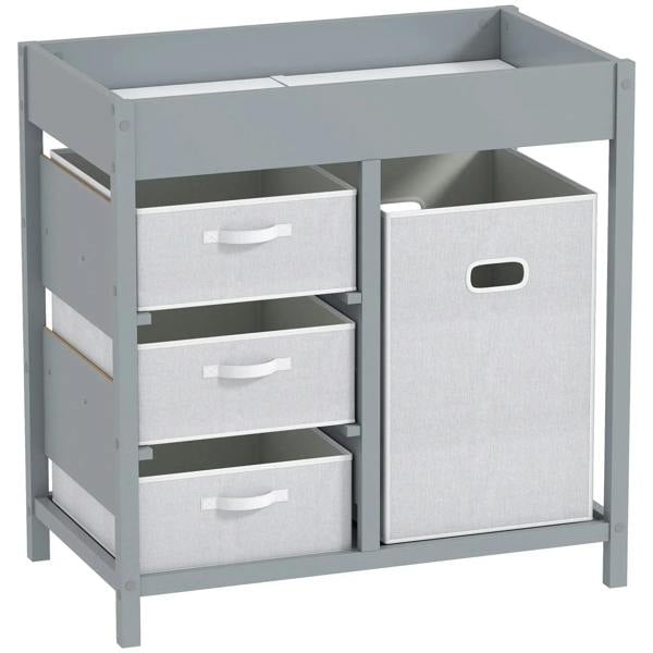 Grey baby changing unit with 3 pull-out drawers and two open storage compartments