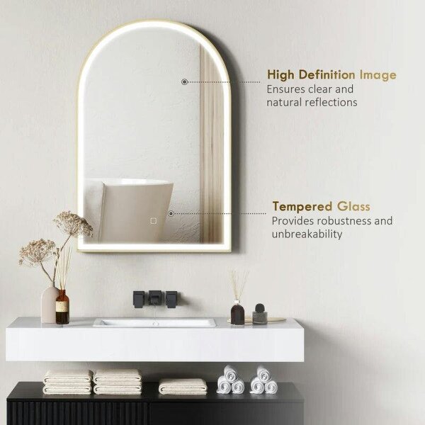 Bobobiy 90 x 60 cm Bathroom Mirror with LED Lights, Anti-Fog Arched Vanity Mirror with 3 Colour Dimmable, Gold Tone