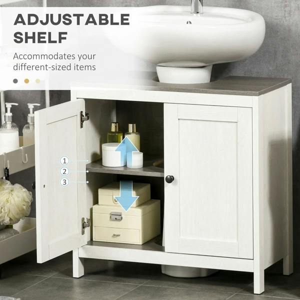 White under-sink cabinet with adjustable shelf inside and double-door storage.