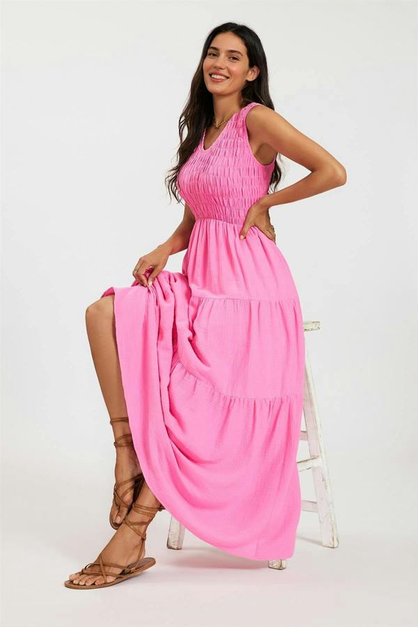 FS Collection Shirred Tiered Maxi Dress with Sleeveless V-Neck