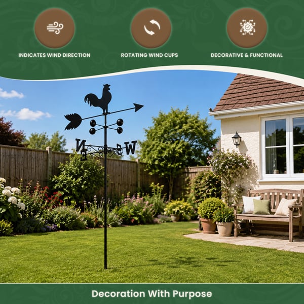 Cockerel Weathervane, All-Steel Black Painted Weather Vane With Wall Fixings and 1.7m Ground Spike, Wind Speed Cups
