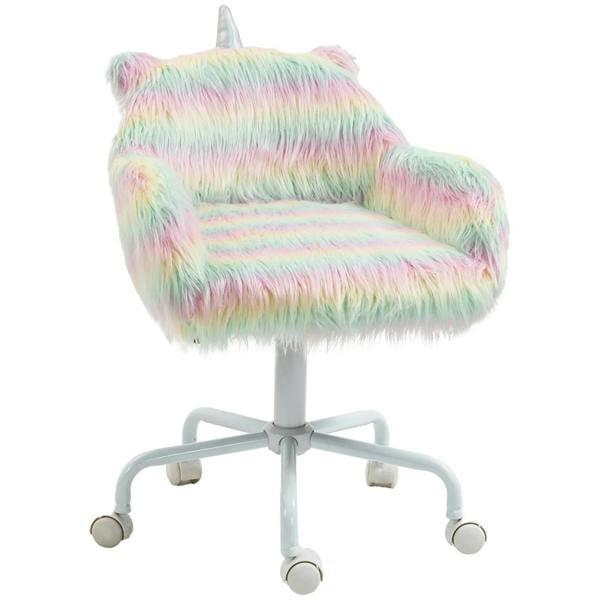 Rainbow fluffy unicorn-themed office chair with armrests and swivel base