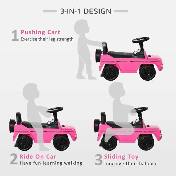 Pink kids ride-on car shown in three motions, black wheels and seat.