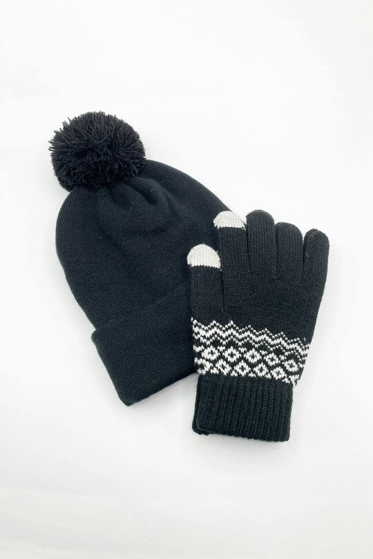 SVNX Pom Pom Beanie Hat & Nordic Knit Gloves Set in Black