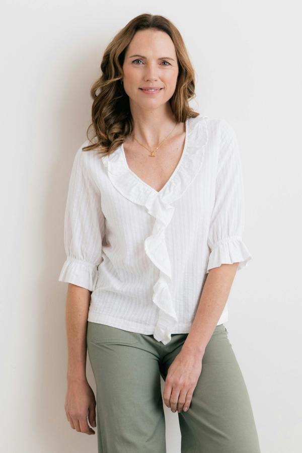 Lily & Me May Embroidered Cotton Frill Blouse White