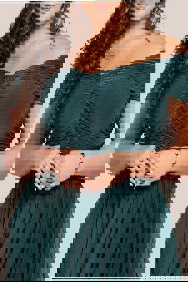 Gathered Bardot Bodice Front Split Maxi Dress - Emerald Green DR4524PLUS