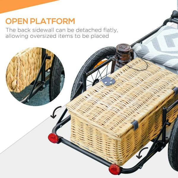 Bicycle cargo trailer with open platform and wicker-style load secured on the frame