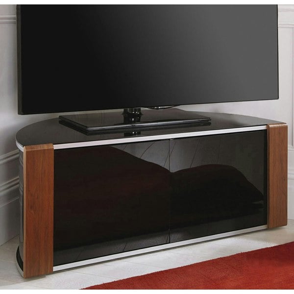 MDA Designs Sirius 850 Cabinet Remote Friendly BeamThru Glass Door Gloss Black with Walnut/Oak Reversible Panels for TVs up to 40" TV Stand