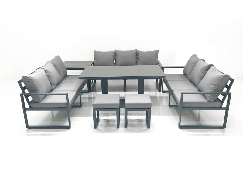 Fimous 11 Seater Garden Sofa Set Aluminium Furniture Rising Dining Tabe Set with Side Table 2 Small Footstools Dark Grey