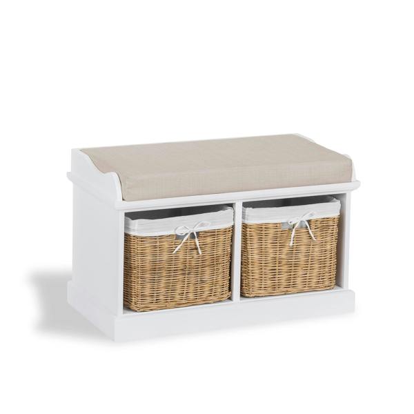 Statement Furniture Tetbury White Storage Bench with Natural Wicker Baskets and Brown Cushion