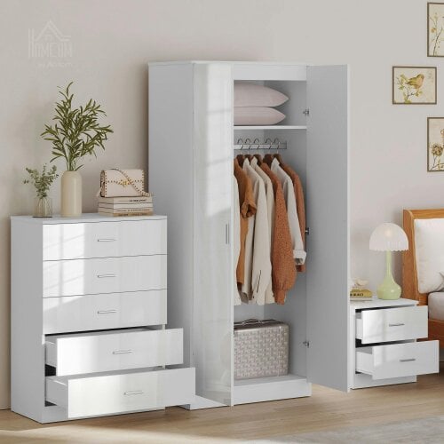 Wyld Haus Belatera High Gloss White 3 Piece Bedroom Furniture Set Wardrobe Chest of Drawers And Bedside Table
