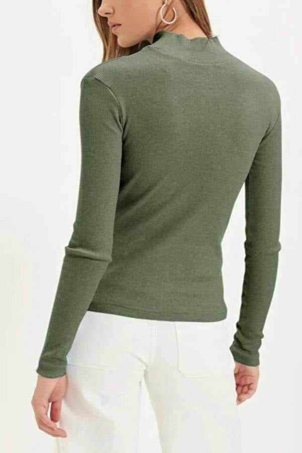WOVCOR Fitted Stand Collar Long Sleeve Ribbed Knit Blouse