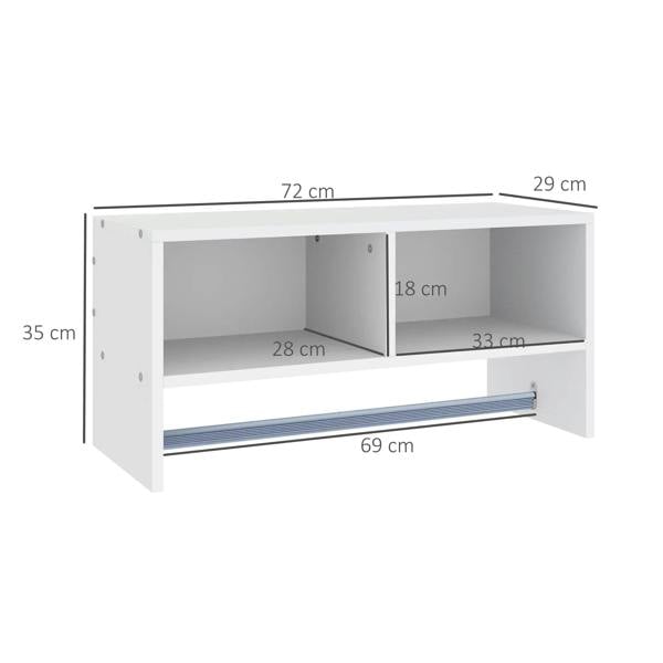 White wall coat rack with storage shelves and hanging rail, shown with size measurements