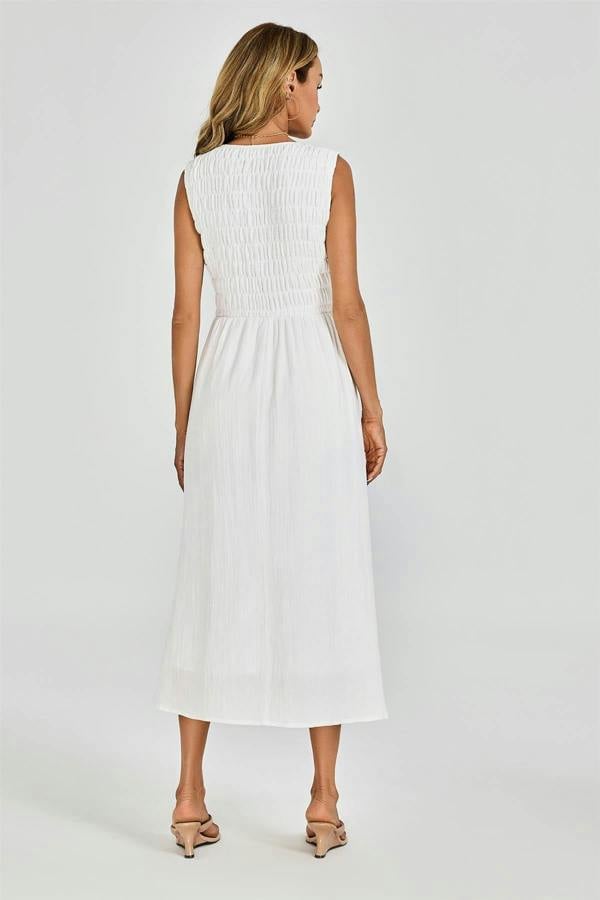 FS Collection Shirred Midi Dress with Sleeveless V-Neck In White