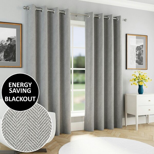 Enhanced Living Chester Herringbone Jacquard Blackout Eyelet Curtains - Bedroom & Living Room - Grey