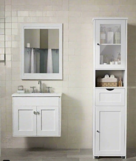 Tall cloud white bathroom cabinet with drawer, glass door, and open shelf – ideal for modern bathrooms

