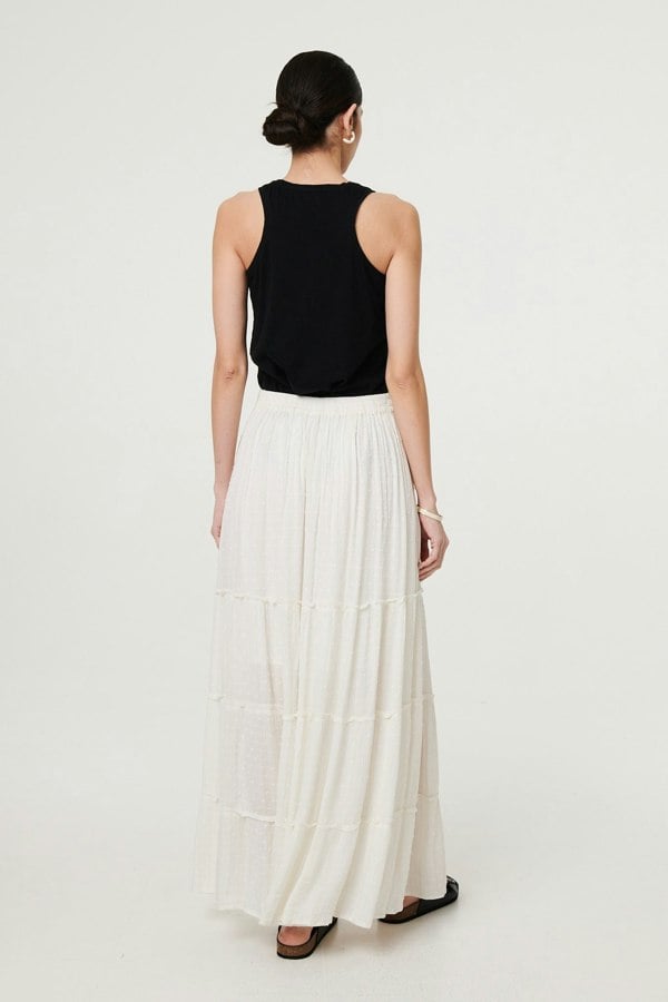 White | Textured High Waist Tiered Maxi Skirt
