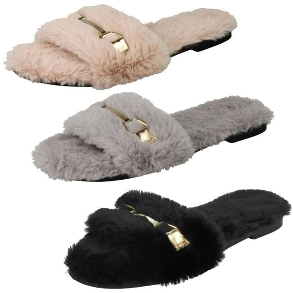 Spot On Ladies Spot On Flat Fur Mule Sliders F00139