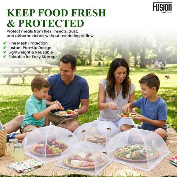 Fusion Food Care Food Covers Mesh Pop Up 4 Pack - 17" Food Umbrella Netting Covers - Foldable & Reusable Plates, Dish & Bowls Mesh Cover