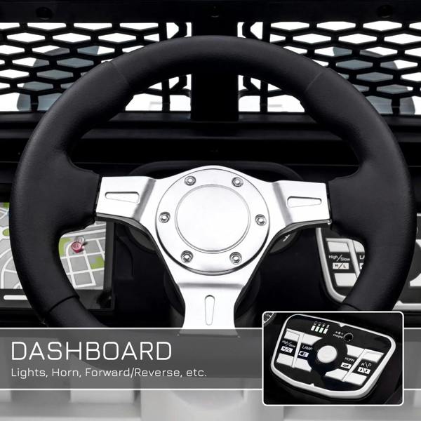 Ride-on SUV steering wheel and dashboard control panel with buttons and display