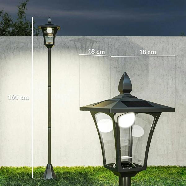 Black post lantern with flared base and clear panels mounted on tall pole