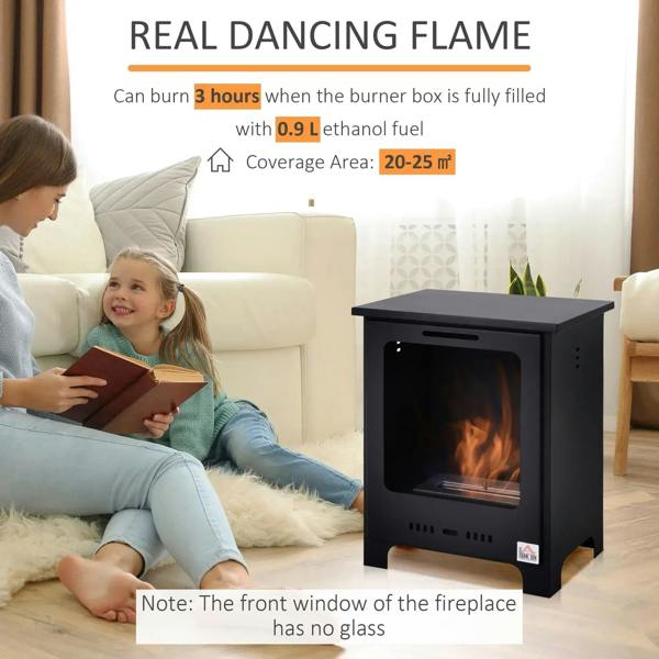 Black freestanding ethanol fireplace with burning flame in cozy living room