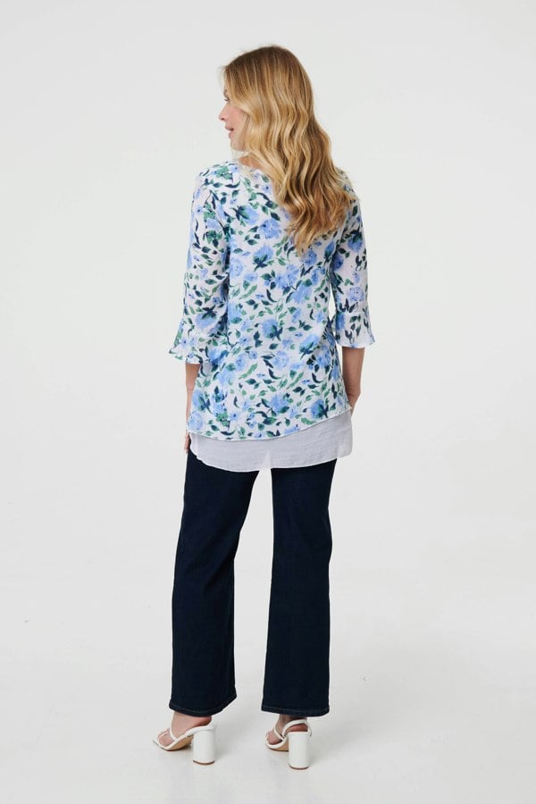 Blue | Floral Layered 3/4 Sleeve Tunic Top
