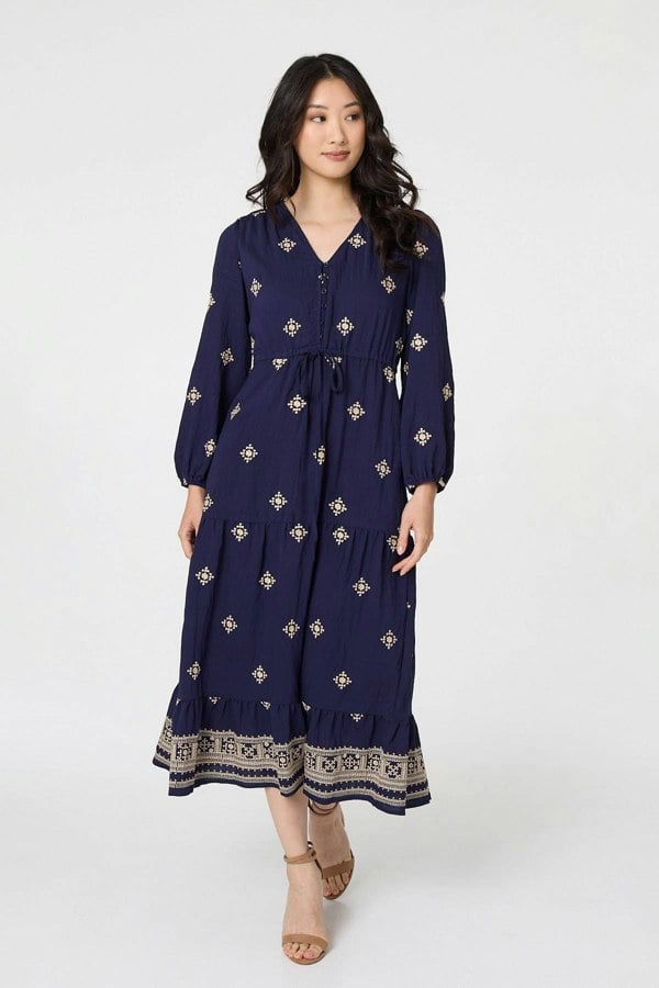 Navy | Border Print Long Sleeve Midi Dress
