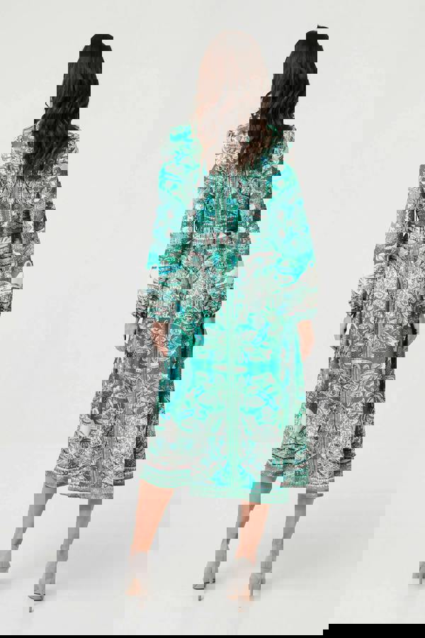 Green | Printed Long Sleeve Tie Midi Dress