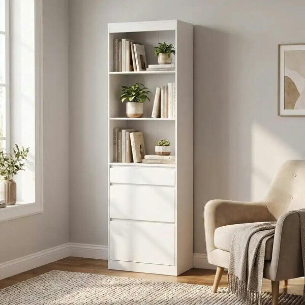 Bookcase with Drawers Adjustable Shelves Book Shelf for Study Living Room White
