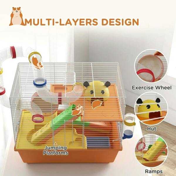 Orange multi-level gerbil cage with exercise wheel, ramps, and jumping platforms