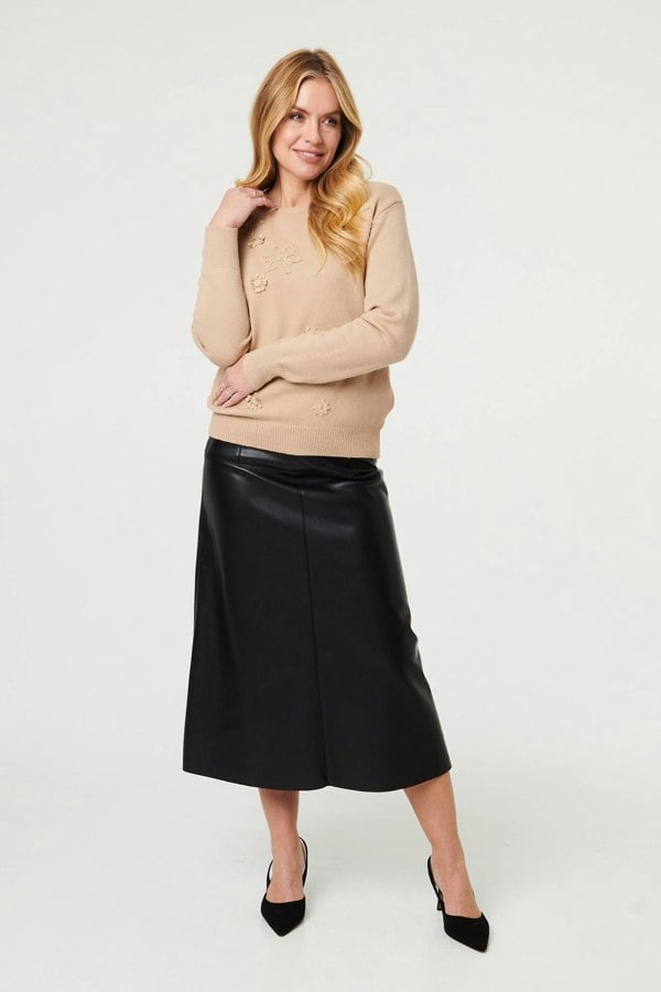 Beige | Floral Textured Detail Relaxed Jumper
