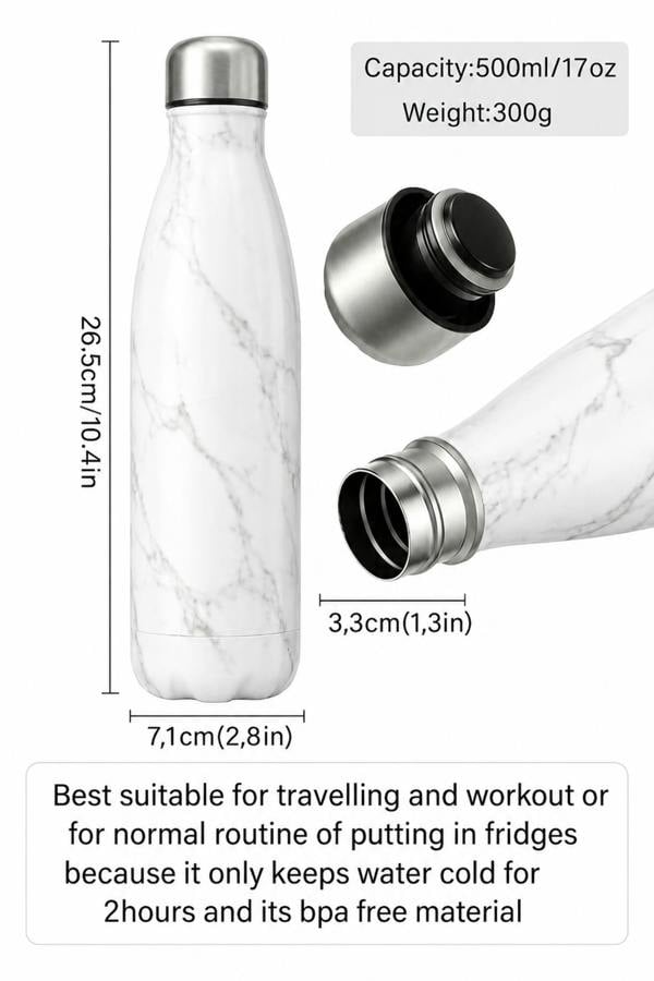 Dyzi 500ml Stainless Steel Water Bottle Leak Proof White Marble