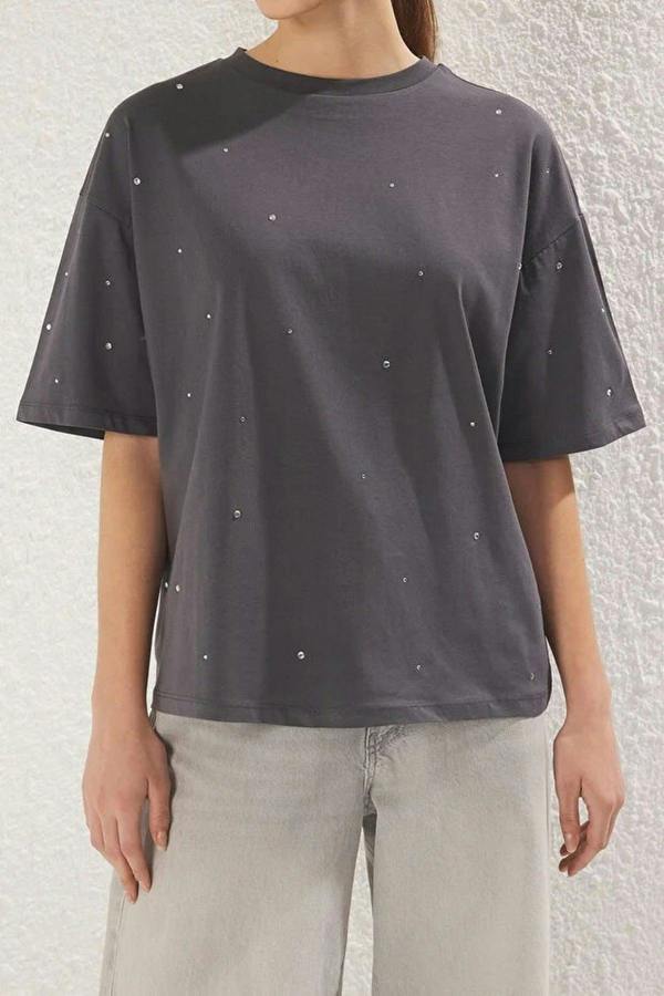 WOVCOR 100% Cotton Stone Detail Crew Neck Knitted T-Shirt
