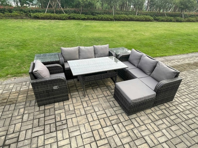 Fimous 8 Seater Dark Grey Mixed Rattan Garden Dining Set - Oblong/Rectangular Table, 3-Seater Sofa & 2 Side Tables