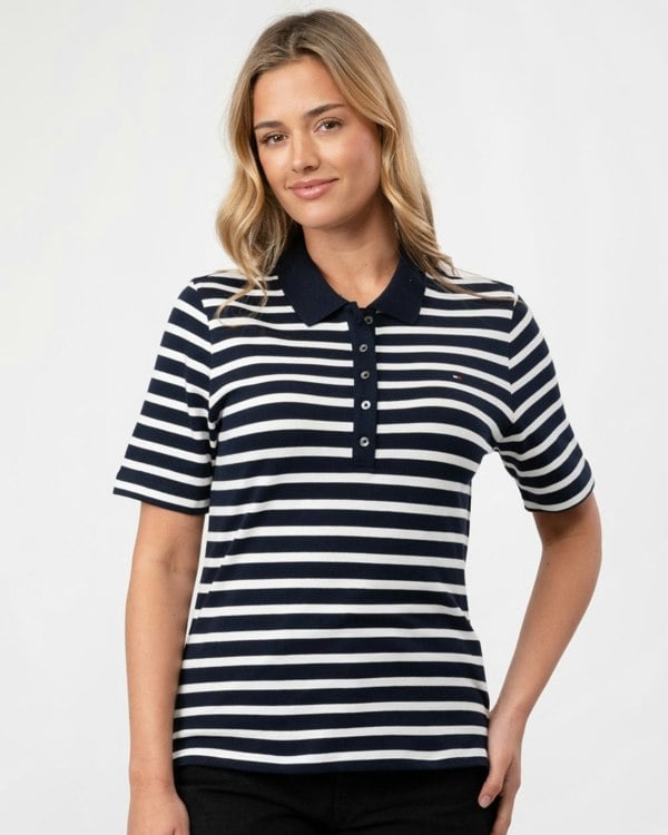 Tommy Hilfiger 1985 Regular Pique Stripe Womens Polo - Breton Desert Sky/Ecru