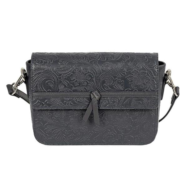 Pia Navy Floral Leather Cross-Body Bag, Embossed Bag with Silver Fittings