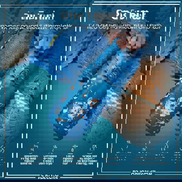 A child holds a blue water bottle featuring an astronaut design. The bottle's flip top opens with a single click. It is shown against a teal background. One Touch. Flip top opens one-handed with a simple click. Flips open with a simple click. One-handed use on the go. Triple lock security. 100% leak proof - no twisting, no leaks. POD RECYCLON™.